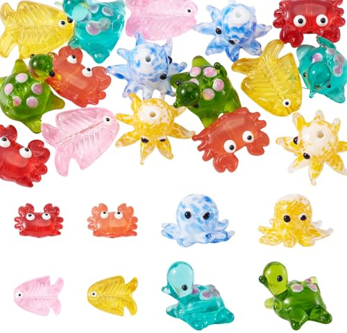 Cheriswelry 16 piezas de cuentas de cristal esmaltadas Lampwork de vida marina en 3D, peces, tortugas, cangrejos, pulpos, cuentas espaciadoras de animales oceánicos para hacer joyas, collares y