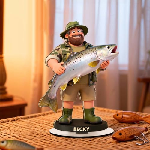 VEELU Geschenke für Angler Personalisierte Angeln Figuren mit Foto, Personalisierte Cartoon Figur Plaque aus Holz, Bilderrahmen Geschenke für Angler Mann Papa Männer & Schreibtisch Dekor