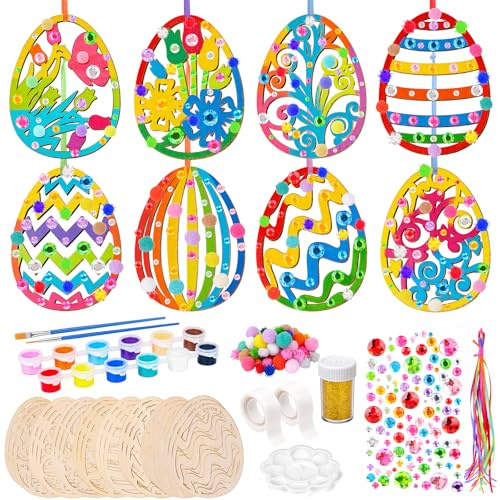 Meetory Ostern Basteln Holz - 165 Stück Holzanhänger Ostern Zum Bemalen Holz Ostereier Deko Osterdeko Basteln mit Bunte Pompons, Deko Schnur, Strass Ostergeschenke DIY Ostereier