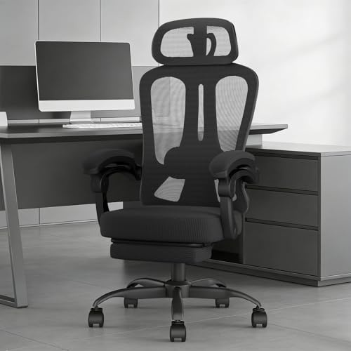 PZDO Office Chair, Mesh Office Chair with Adjustable Headrest, Ergonomic Computer Chair for Adults, Adjustable Height Desk Chair with Footrest, Home Work Chairs with Link Armrest, 150KG, Black