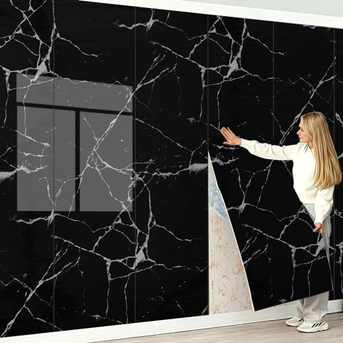 Camiraft Black Marble Wall Panels Peel and Stick,40 x 300 cm Marble Self Adhesive Wall Panels Roll 2.3mm Thick Waterproof Backsplash Tile PVC Foam Wallpaper for Kitchen,Living Rooms,Bedrooms TV Walls