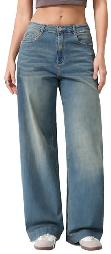 vittorio y Jeans Donna Vita Alta Gamba Larga Denim Elasticizzato Lavaggio Chiaro Casual Streetwear Comodi (IT, Testo, XL, Regular, Regular, Denim)
