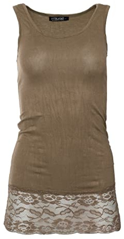 Easy Young Fashion - Damen Trägertop mit Spitzensaum - langes Unterziehshirt Skinny Fit 0518 (Hellbraun M/L)