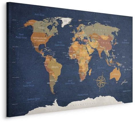 Cuadros B&D XXL - Wandbilder 60x40 cm 1 tlg - Wand Deko Vlies Leinwand Bilder Groß Wanddeko Wohnzimmer Schlafzimmer Kunstdrucke - Poster Weltkarte Welt Landkarte Kontinente k-C-0048-b-b