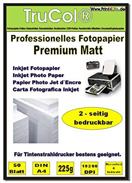 Beidseitig 50 Blatt DIN A4 225g /m² Premium MATT Fotopapier matt - sofort trocken - wasserfest - hochweiß - sehr hohe Farbbrillianz für Tintenstrahldrucker Flyerpapier Broschüren Vorlagen