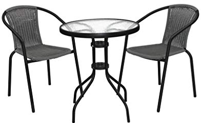 Marko Outdoor 3 & 5 Piece Bistro Set Black Wicker Rattan Woven Chairs with Round Glass Table (3 Piece Set)