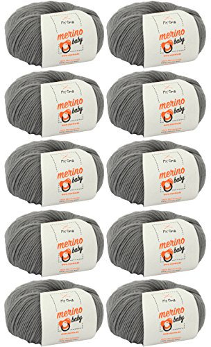 MyOma Babywolle zum Häkeln - Merino Grau (Fb 6050) - 10 Knäuel Merinowolle + GRATIS Label - 25g/140m - Nadelstärke 2,5-3mm - Babygarn 100% Merino - Weich