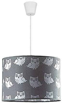 Licht-Erlebnisse Kinderlampe Grau Weiß Stoff Schirm mit Eulen Ø35cm Mädchen Kinderzimmer Pendelleuchte Rund