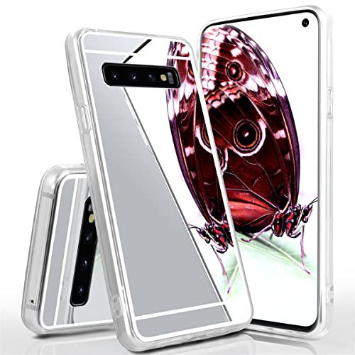 moex Mirror Case für Samsung Galaxy S10 Hülle mit Spiegel und erweitertem Kantenschutz aus Silikon, Handyhülle verspiegelte Rückseite, Stylische Handy Schutzhülle dünn, Silber