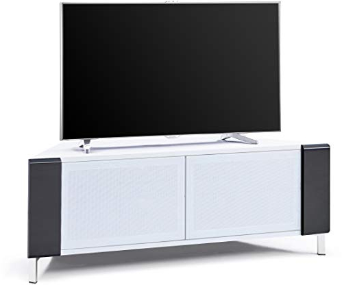 MDA Designs CORVUS Corner-Friendly Gloss White Contemporary Cabinet with Black Profiles White BeamThru Glass Doors Suitable for Flat Screen TVs up to 50