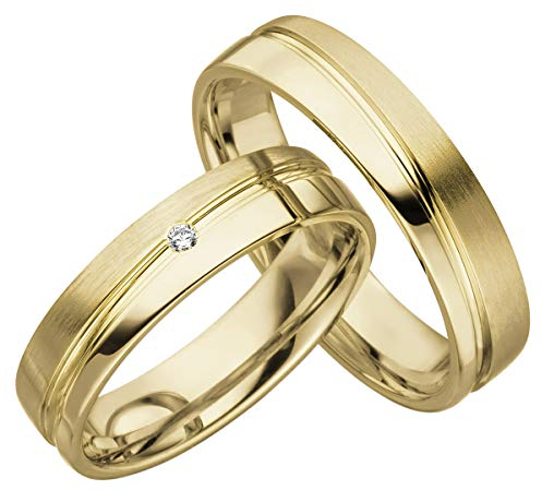 JC Trauringe aus 585er Gold | Paar-Preis Ehe-Ringe mit kostenfreier Gravur I Partnerringe Hochzeitsringe 4,5 mm breit inkl. Etui-Box | Herren-Ring ohne & Damen-Ring mit Zirkonia-Stein C059