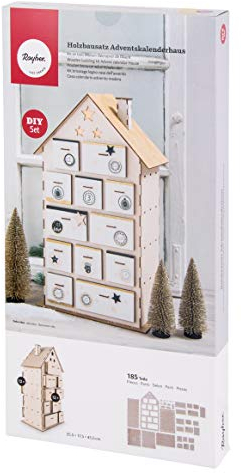 Rayher Holzbausatz Adventskalender Haus, natur, 25,5 x 17,5 x 45,5 cm, Set 185 teilig, FSC Mix Credit, Adventskalender zum Befüllen, 62910505