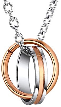 Two-tone Interlocking Circles Pendant Necklace, Rolo Chain(20+2), Multi-layer Accessories, Rose Gold Plated, Stainless Steel Trendy Women/Men Jewelry Double Rings Necklace (Gift Packaging), RP20071G