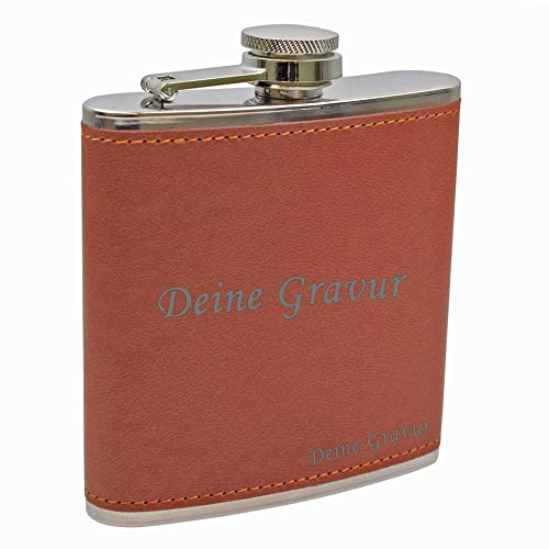 Leder Flachmann Braun mit Gravur personalisiert mit Namen oder Datum | Geschenke für Männer | Gravierte Schnapsflasche