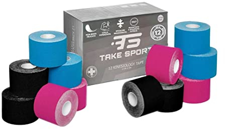 TAKE SPORT, Kinesio, Kinesio tape, Nastro kinesiologico, Tape kinesiologico, Kinesio taping. 6-12 rotoli, 5 x 5m, 95% Cotone 5% Spandex, elastico. (12 Mix)