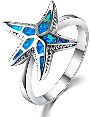 YAZILIND S925 Sterling Silber Ring Seesternform Opal Statement Verlobungsringe Frauen Jubiläumsschmuck Blau 18.8
