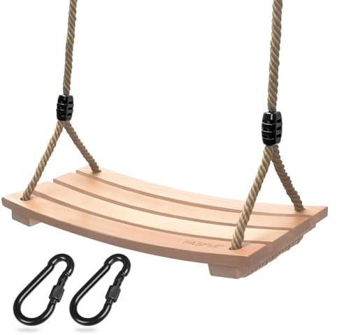 Altalena in Legno, Altalena da Giardino per Bambini Adulti Altalena per Bambini con Moschettone in Acciaio Inossidabile e Corda di Canapa (16.5L x 7.9W)