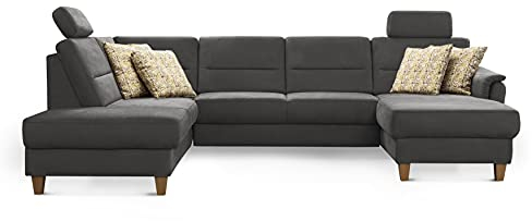 CAVADORE U-Form-Sofa Palera / Federkern-Wohnlandschaft mit Schlaffunktion, Stauraum und 2 Kopfstützen / 314 x 89 x 212 / Mikrofaser, Grau