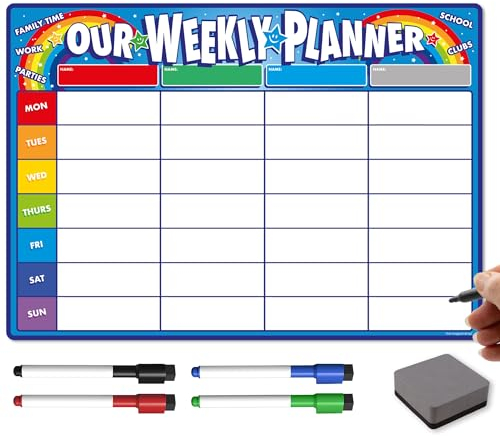TMS Agenda semanal familiar A3 para nevera | Pizarra blanca magnética lavable para organizar tus tareas, comidas, hogar, escuela | con 4 bolígrafos multicolor y borrador [42 x 30cm]