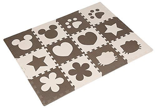 Schaumstoff Puzzleteppich Spielmatte, Baby, 12-teilig, mit 6 Cartoon-Motiven, Schadstofffrei Eva, 30x30×1cm (Beige-12 Teile)