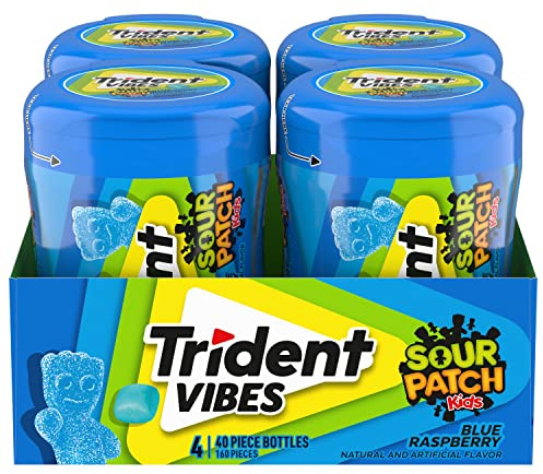 Trident Vibes Sour Patch Kids - Goma de mascar sin azúcar de frambuesa azul, 4 botellas de 40 piezas (160 piezas en total)