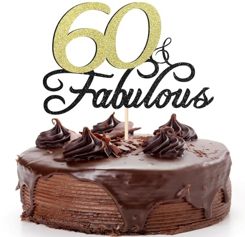 Siipoo Tortenaufsatz, 60 & Fabulous Birthday Cake Topper, Schwarz Gold Glitter Cake Topper für 60. Geburtstag Jahrestag Verlobung Party Dekoration Supplies