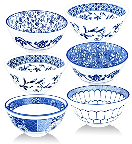 Kithing 4.5 Inch Blue and White Ceramic Porcelain Bowls Set - Floral Pattern Design, Versatile for Soup, Rice & Dessert Serving - Ideal Kitchen Dining & Home Tableware ,Set of 6(f 4.5in)