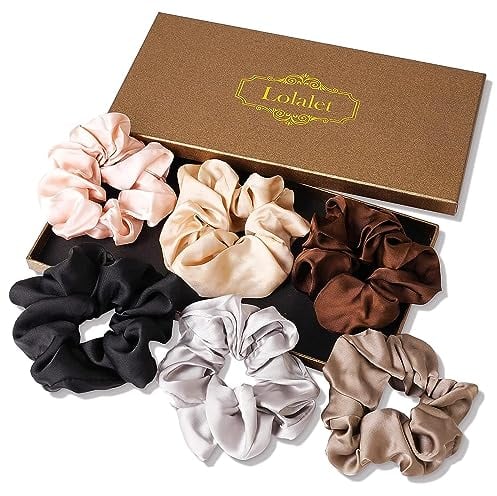 (6 Stück) Lolalet Haargummis Seide Scrunchies Satin für Damen, Haargummi Weich Elastisch Silk Skrunschis Groß für Damen Frauen Mädchen 6 Farben -Schwarz,Braun,Grau,Champagner,Hellpink,Silber