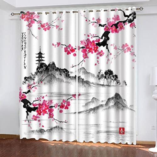 Vorhang Blickdicht Japan 3D Verdunklungsvorhänge mit Ösen Gardinen Kirschblüten Microfaser Schlafzimmer Vorhang Wetterfest für Wohnzimmer Kinderzimmer 2er Set 2 x B 91 x H 214 cm