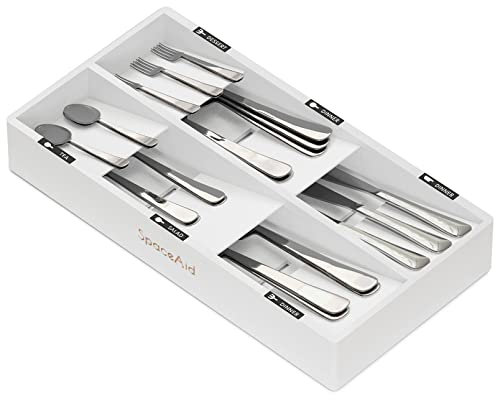 SpaceAid Organizador de bambú para cajón de cubiertos con etiquetas, bandeja organizadora para utensilios de cocina, cubertería, cucharas y cuchillos, blanco, 6 compartimentos