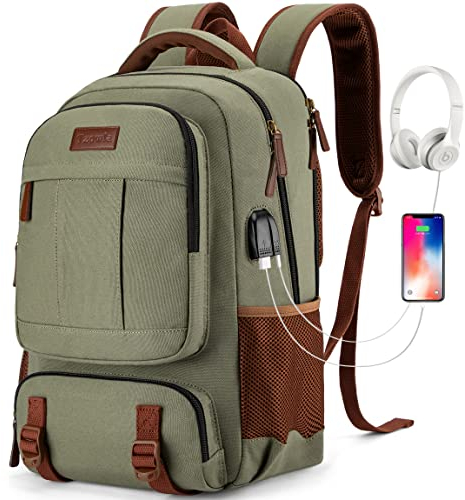 Tzowla Canvas Laptop Backpack Mens Womens,Vintage Travel Work Hiking Backpacks,School College Rucksack Fits 15.6 Inch Computer,Bookbag with USB Charging Port-Green