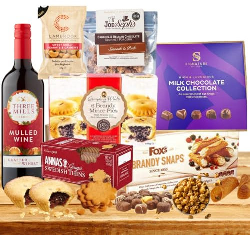 Mulled Wine Bottle Gift Hamper - Festive Hamper - Food Hamper With Assorted Chocolate, Ginger Biscuits and Nuts - Coulples Gift - For Men Women Family