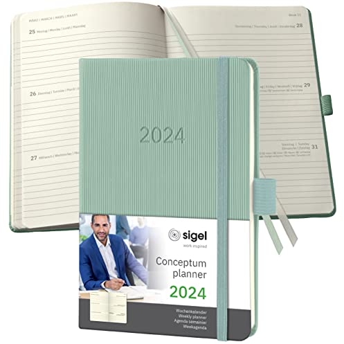 SIGEL C2473 Terminplaner Wochenkalender 2024, ca. A6, grün, Hardcover, 176 Seiten, Gummiband, Stiftschlaufe, Archivtasche, PEFC-zertifiziert, Conceptum