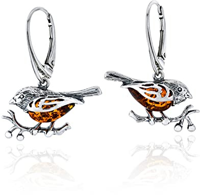 Orecchini passeri in argento Sterling 925 con ambra baltica Cognac regalo da donna, in argento Sterling, ambra, Argento sterling, Ambra
