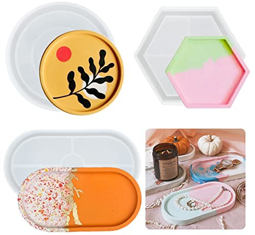 3 Stück Silikonform Epoxidharz Untersetzer Oval Rund Hexagon Tablett Untersetzer Silikon Gießform DIY Kunstharz Tabletts Form Beton Gießform Schale Silikonformen Teller für Teetablett Schmuckteller
