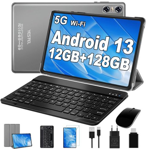 YESTEL Tablet 10 Pulgadas Android 13 con 12 GB RAM 128 GB ROM (1TB TF), Tablet con 5G+2.4G WiFi 2.0 GHz, Bluetooth 5.0, Batería 6000 mAh, 5 MP + 8 MP, GPS, con Teclado y Ratón y Funda, Gris Carbono