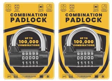 JJ PRIME - Juego de 2 candados de combinación de números, resistentes y resistentes a la intemperie, candados de código para casillero de gimnasio, puerta, valla, cobertizo (negro, 7 mm)