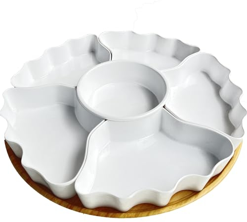 MEYREMUI Melamine Serving Tray and Platter Set - Removable Divided Dishes, Entertaining Ready Serve Bowls - Perfect for Chips, Dips, Veggies, Candies & Snacks, 6 Pieces, White