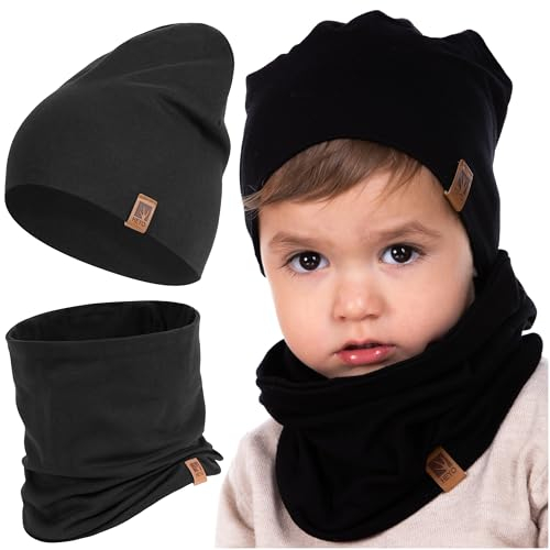 HEYO Kinder Set Beanie Mütze Schlauchschal Baumwolle Rundschal weich Mädchen Jungen Herbst Frühling Frühlingsset Herbstset (Schwarz)