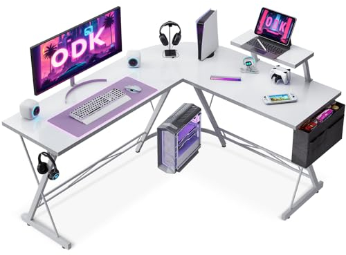 ODK Gaming Tisch mit Monitorablage, Gaming Schreibtisch mit Aufbewahrungstasche, Schreibtisch L Form für Gaming Reines Weiß, 147 x 120cm