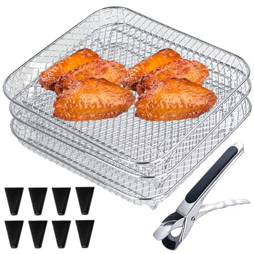 Air Fryer Rack Food Grade Arear en inoxydable 3 couches étagère de friteuse à air empilable avec 8 pieds de silicone, 1 pinceau et 1 pinceau pour le four, cuisinière, barbecue, accessoires de fil à a