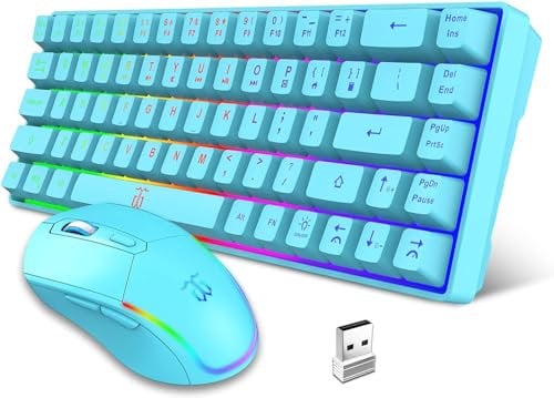 Snpurdiri 60% Wireless Gaming Keyboard and Mouse Combo,LED Backlit Rechargeable 2000mAh Battery,Small Membrane But Mechanical Feel Keyboard + 6D 3200DPI Mice for Gaming,Business Office(Blue…