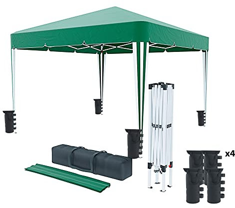 Gazebo Pieghevole 3x3m Impermeabile con 4 Sacche per Pesi e Borsa Trasporto - Chiusura a Fisarmonica per Fiere, Campeggio, Esterno, Piscina - Struttura in Acciaio - Copertura 160g/m² (Verde)