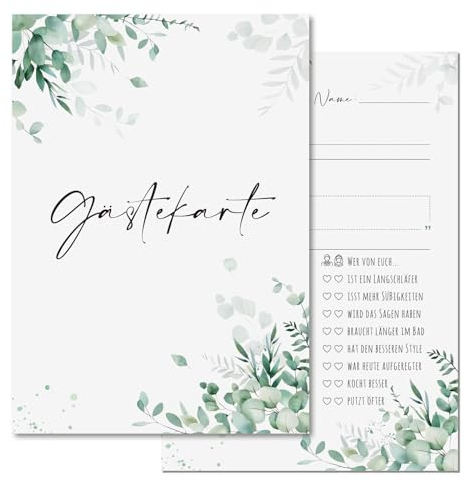 BETESSIN Gästekarte Hochzeit - 50 Stück Hochzeitskarten im Eukalyptus Design - Hochzeitsspiel für Gäste - Die Wunderschöne Alternative zum Gästebuch
