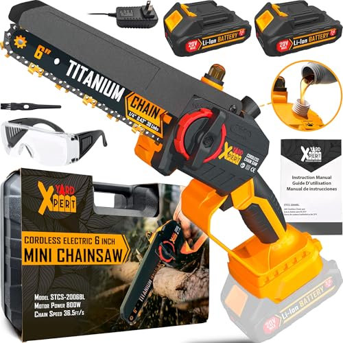 YARD XPERT Mini Chainsaw 6 Inch, Titanium Chain, Brushless motor, Auto Oiler, 2x 2000Ah Batteries, Small Handheld Cordless Electric Battery Powered Saw for Pruning Tree Branches and Cutting Wood