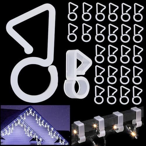 Vikdio 60 Crochets pour gouttières pour lumières de Noël extérieures, Clips pour fixation lumières de Noël stalactites sur décoration de mariage Halloween fêtes extérieures Noël jardin arbre fenêtre