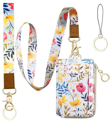 2-in-1 Ausweishalter und Umhängeband, Geldbörse, Blumenmuster, Schlüsselband für Lehrer, Krankenschwestern, Woker - Niedliche Schlüsselbänder für Namensschild
