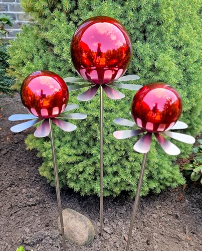 Jürgen Bocker Garten-Ambiente Blütenzauber Rotterdam 3er Set Rosenkugel 15/10/10 cm Edelstahl Gartenstecker Deko mit Stab 80 cm (rot poliert)