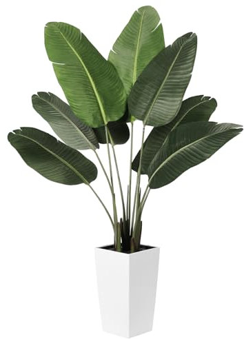 FEELEAD Bird of Paradise Artificial Plant 5ft - Faux Tropical Palm Potted Tree with White Planter - 5 Feet Fake Plants Areca Palm Tree Banana Leaf Plant in Pot for Home Office Decor