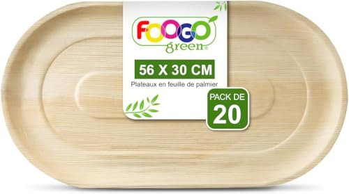 FOOGO Green 20 Plateaux de Service Jetables Feuille de Palmier, Grand Ovale 56x30 cm, Pizza, Entrées, Canapés, Planche Charcuterie, Robuste et Ecologique, Comme Plateaux en Bois, pour Plats Chauds